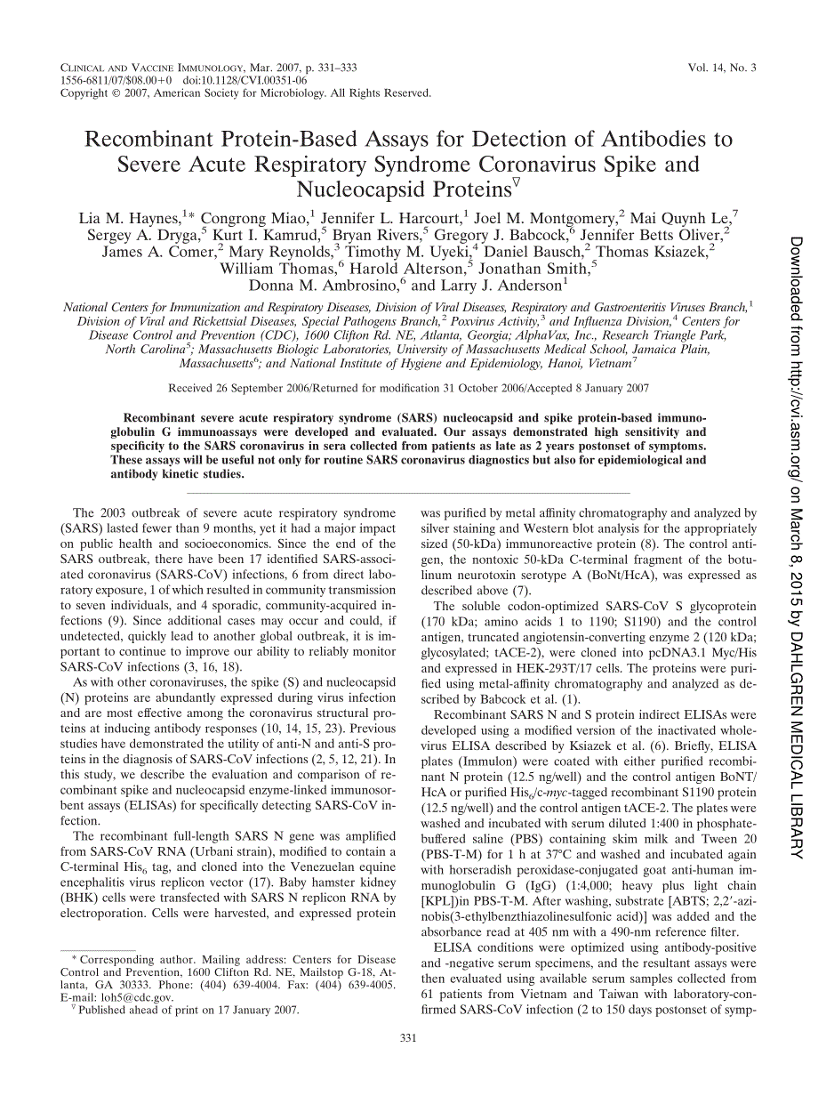 【病毒外文文献】2007 Recombinant Protein-Based Assays for Detection of Antibodies to Severe Acute Respiratory Syndrome Coronavirus Spike_第1页