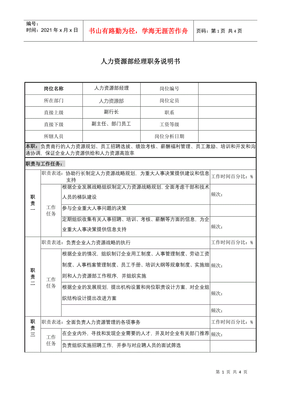 某市商业银行人力资源部经理职务说明书_第1页