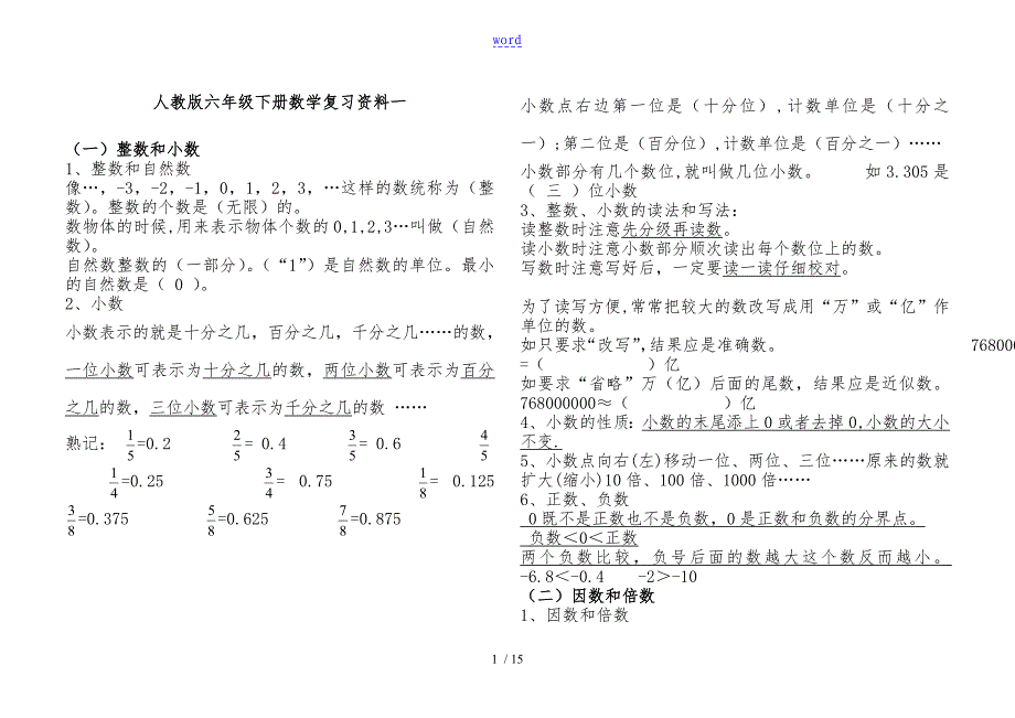 人教版小升初数学复习全资料精华版_第1页