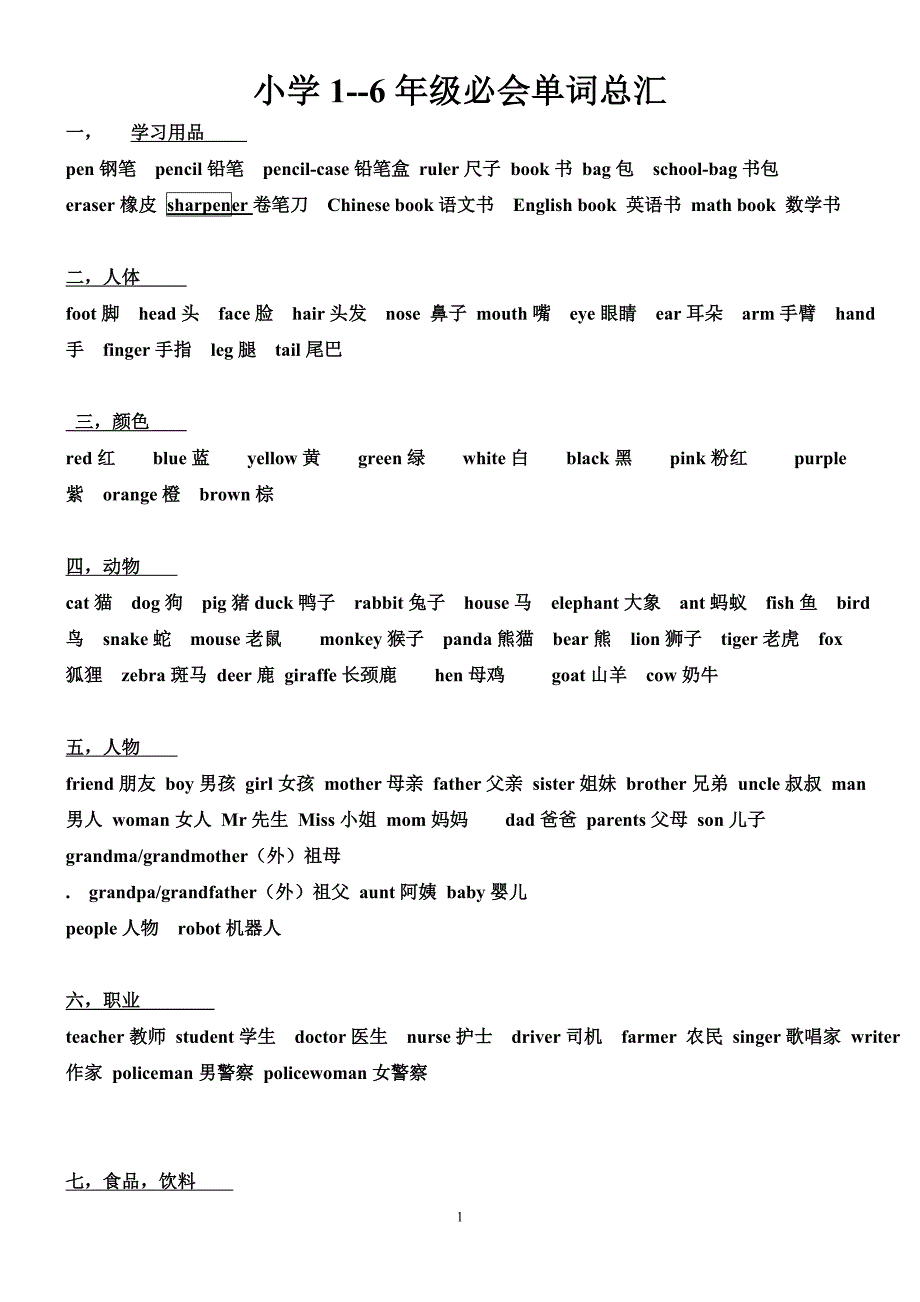 小学英语1-6年级小学1--6年级必会单词总汇词汇(学生用).doc_第1页