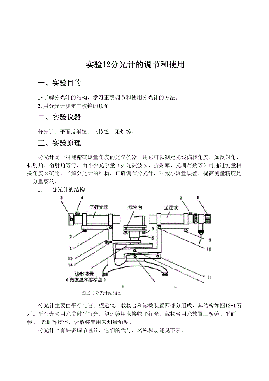 实验12分光计的调节和使用解读_第1页
