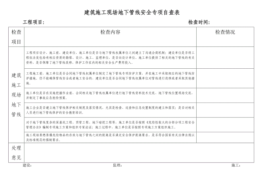 建筑施工现场地下管线安全专项排查表_第1页