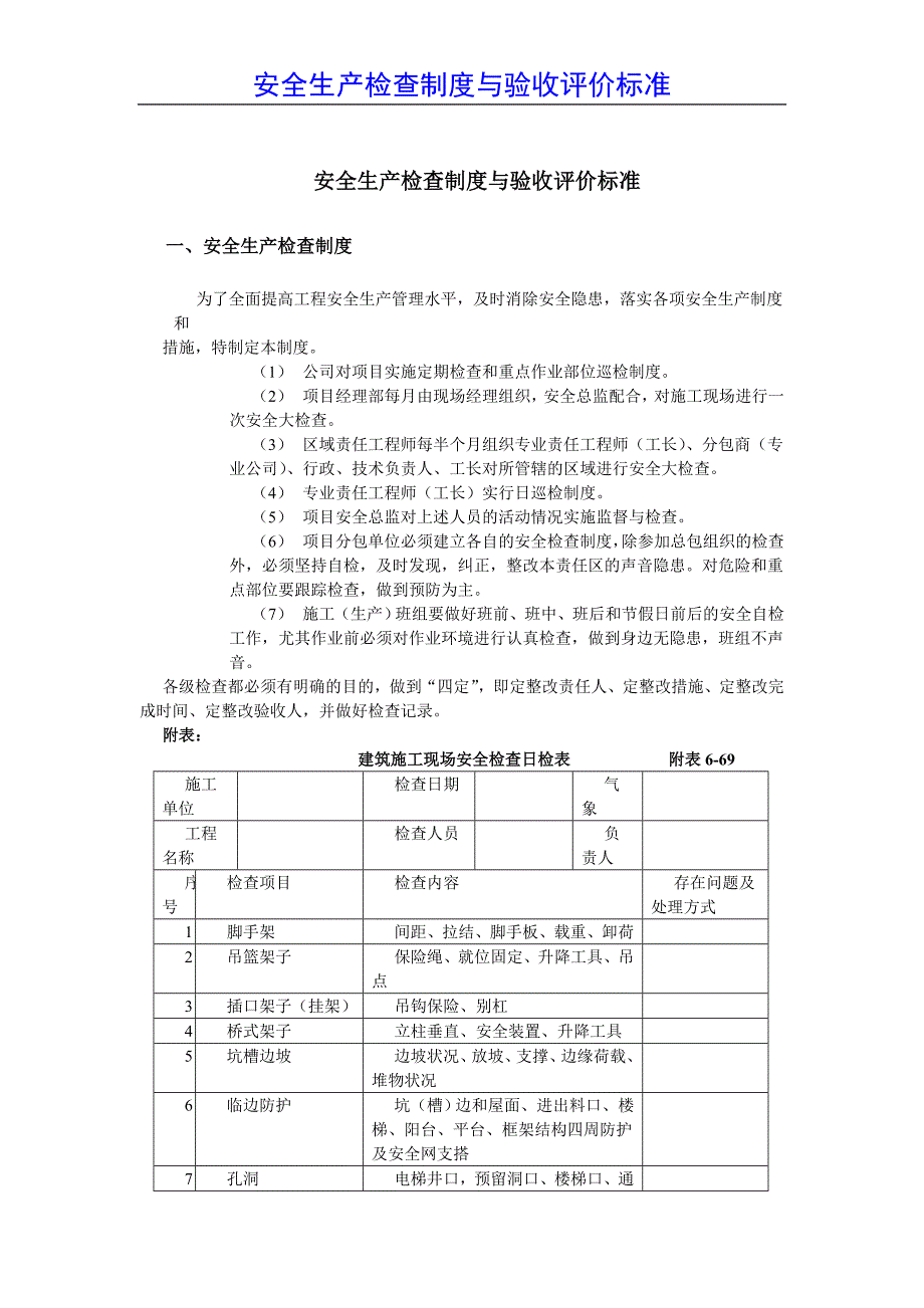 【精品】建筑施工安全生产检查制度与验收评价标准及应用表格_第1页