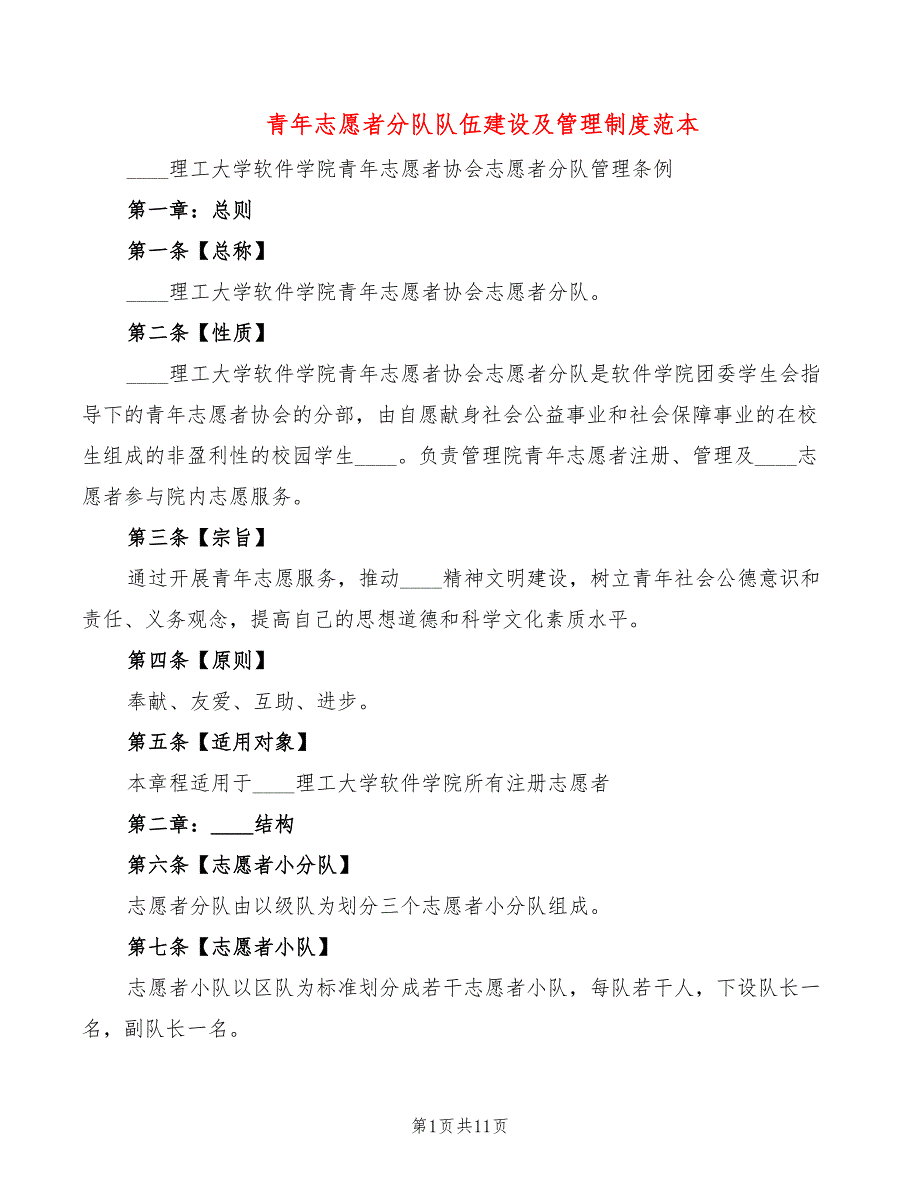 青年志愿者分队队伍建设及管理制度范本(2篇)_第1页