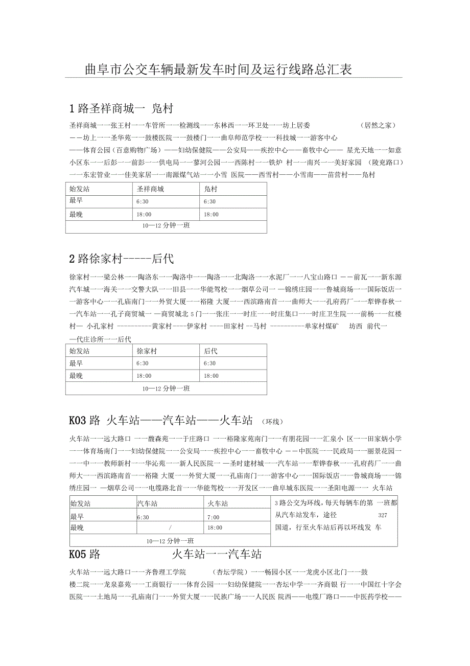 曲阜市公交车辆最新线路及发车时间汇总情况表_第1页