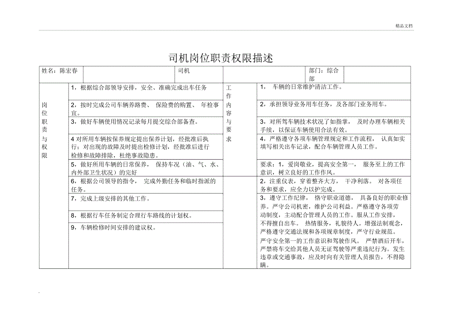 司机岗位职责权限描述_第1页