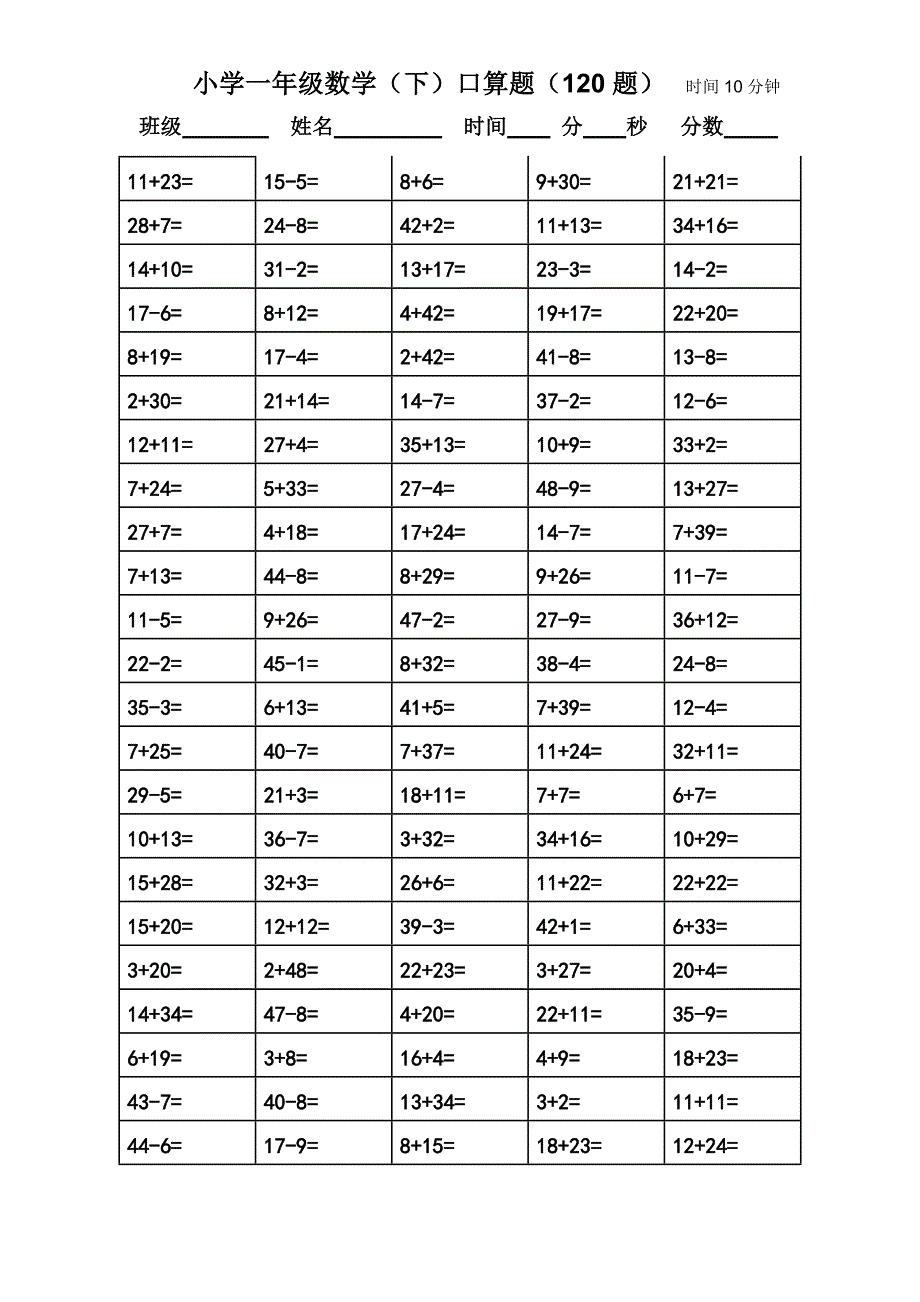 一年级数学口算题卡 （精选可编辑）.DOCX_第1页