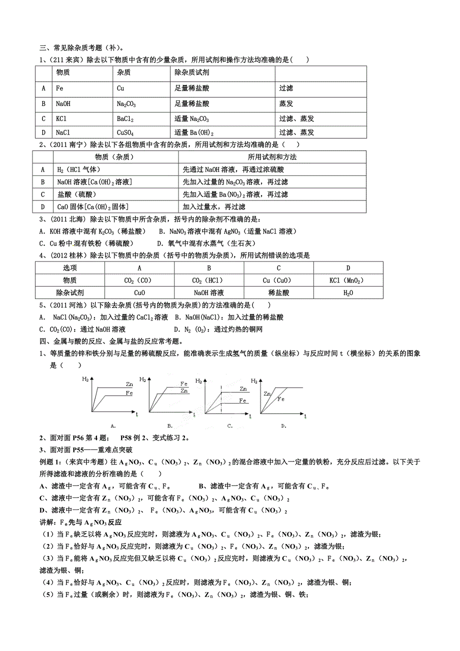 除杂质和金属活动性练习_第1页