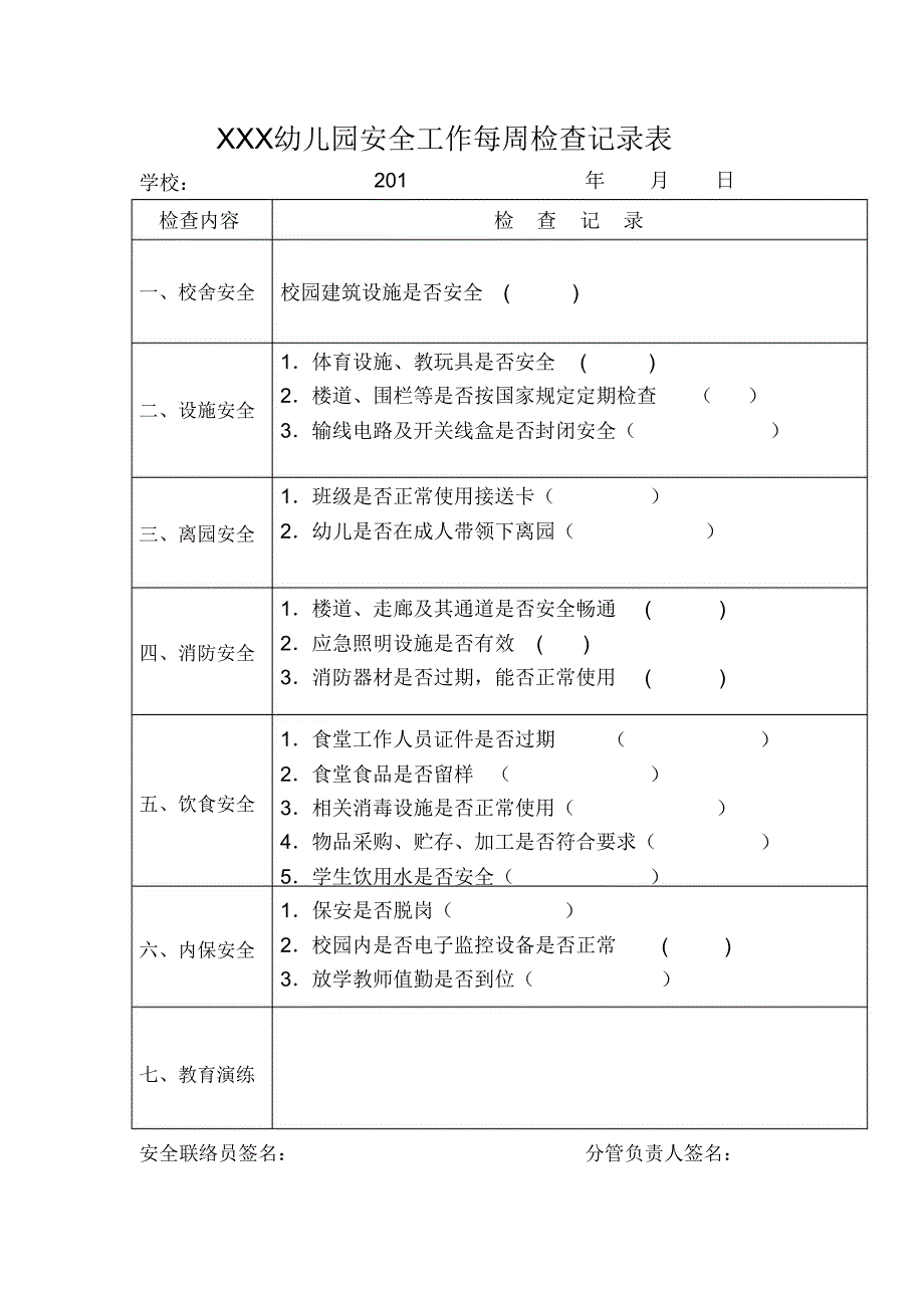 幼儿园每周安全检查记录表_第1页