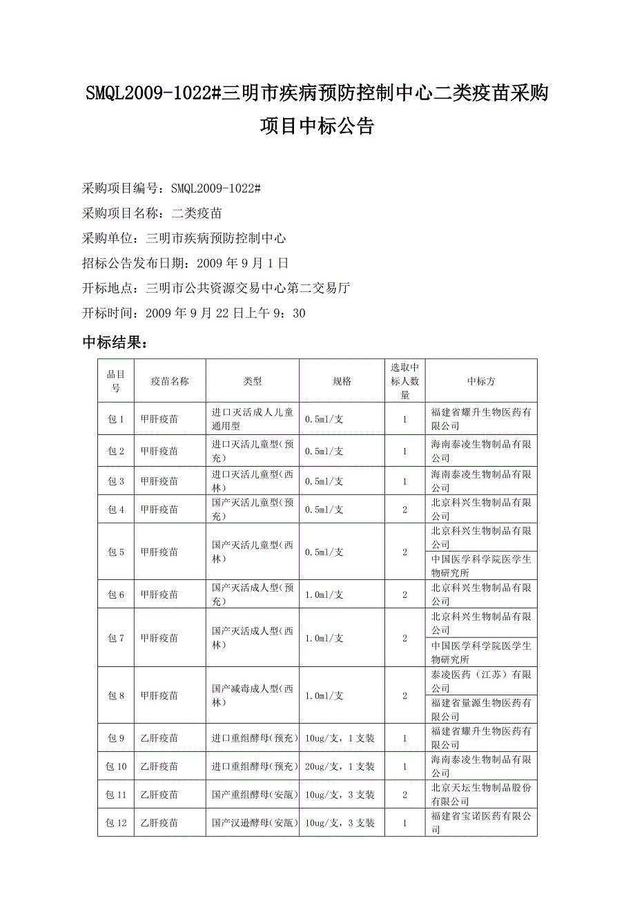 SMQL1022三明市疾病预防控制中心二类疫苗采购项目中标概要_第1页