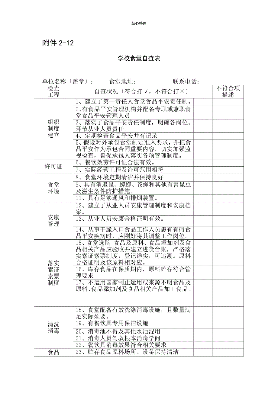 学校食堂自查表_第1页