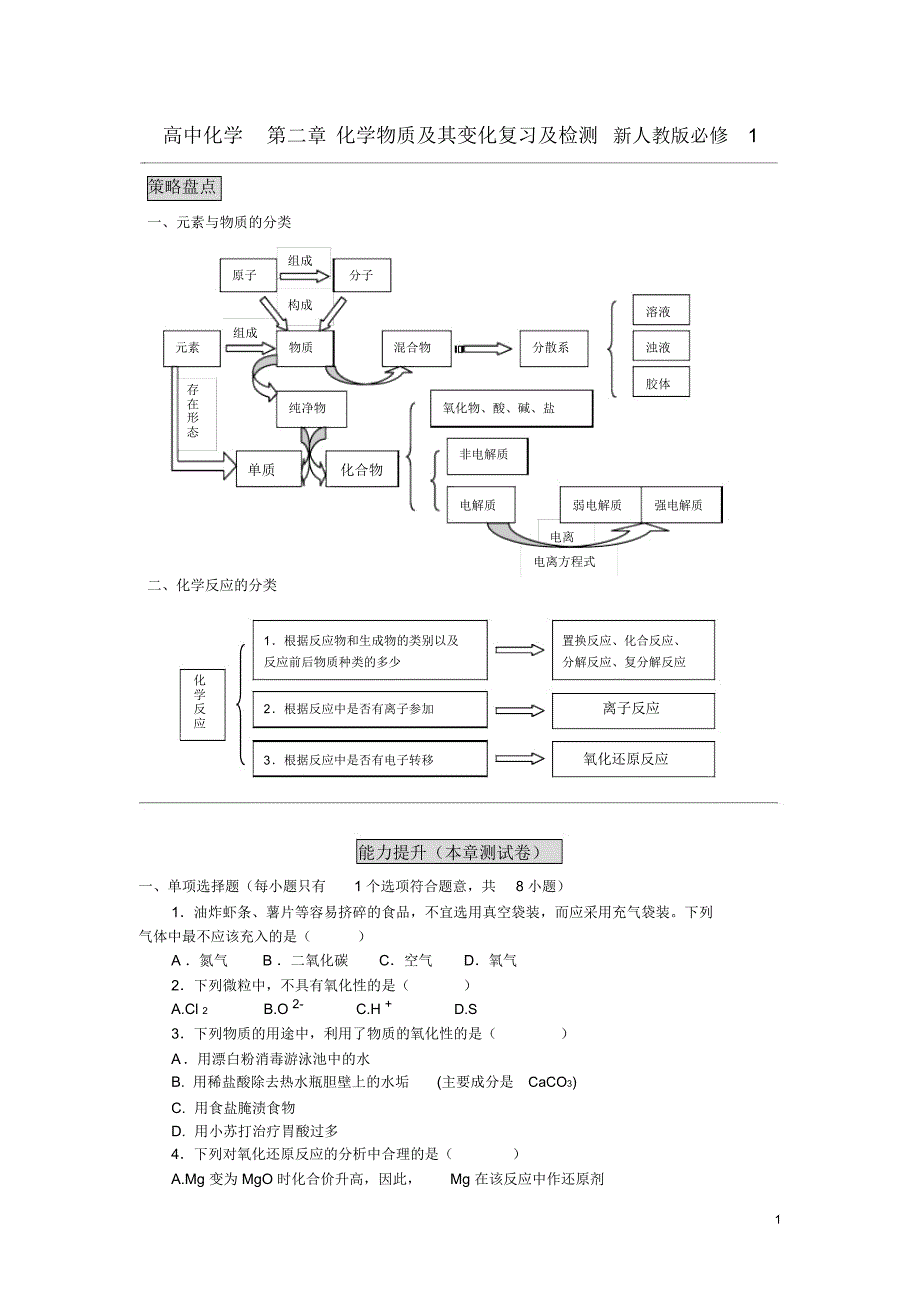 高中化学第二章化学物质及其变化复习及检测新人教版必修1_第1页