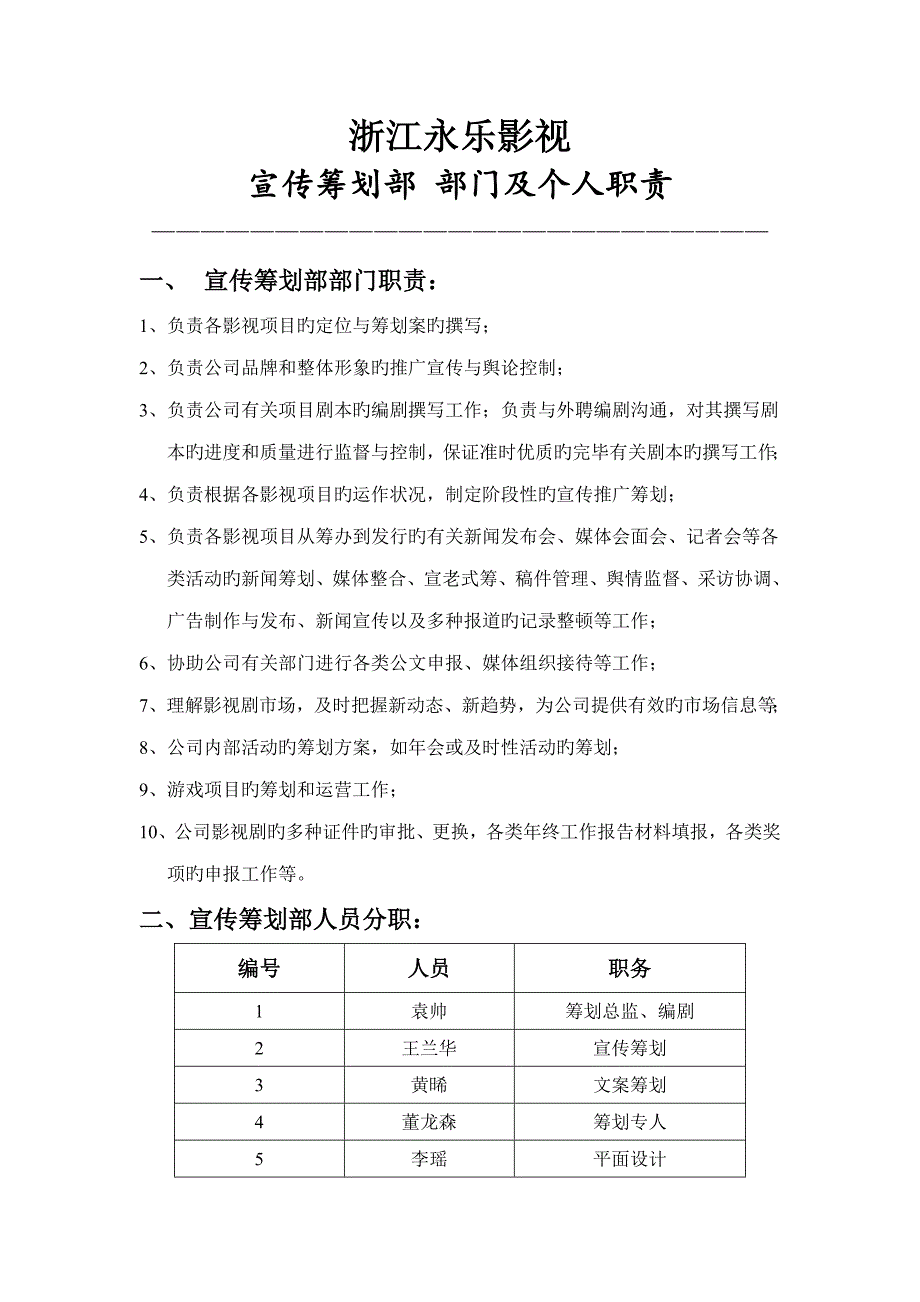 影视公司宣传专题策划部岗位基本职责_第1页