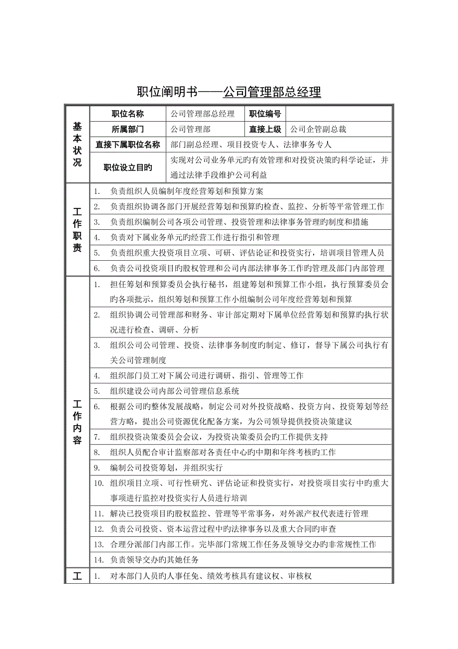 企业管理部总经理岗位专项说明书_第1页