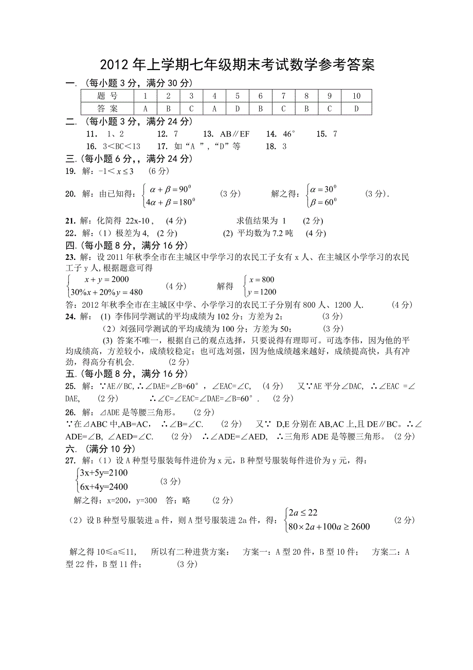 2012年上学期七年级期末考试数学参考答案_第1页