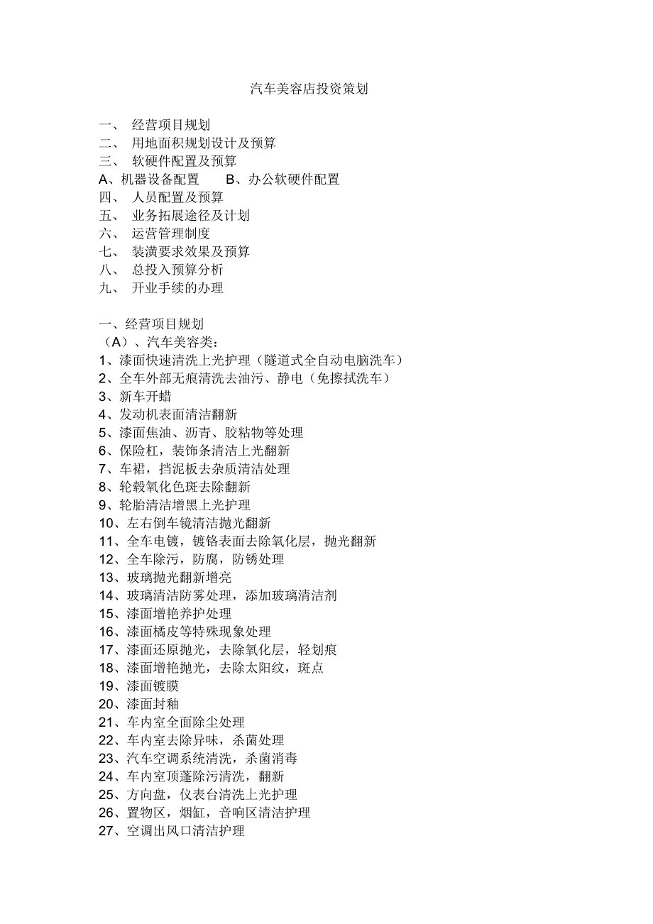 汽车美容店投资策划(含全部预算1)_第1页