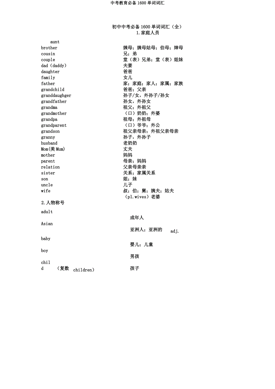 中考教育必备1600单词词汇.docx_第1页