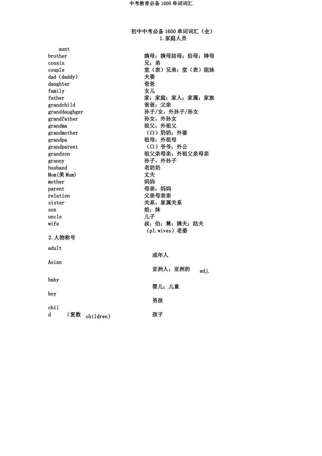 中考教育必备1600单词词汇.docx