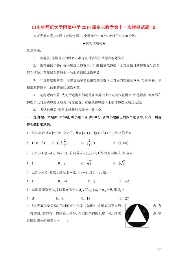 山东省师范大学附属中学高三数学第十一次模拟试题文06190178
