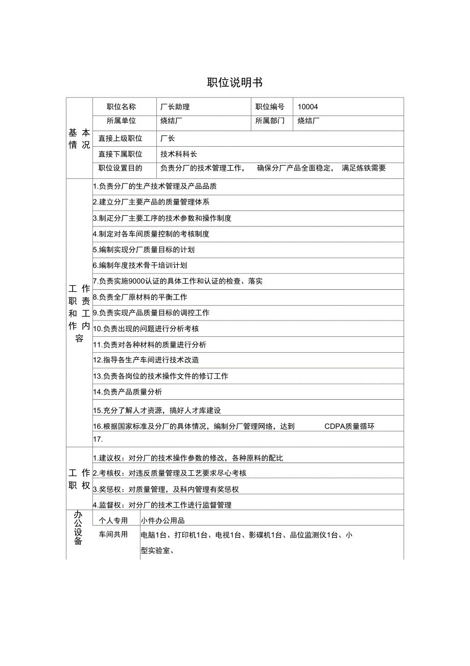 烧结厂职位说明书技术厂长助理0719._第1页