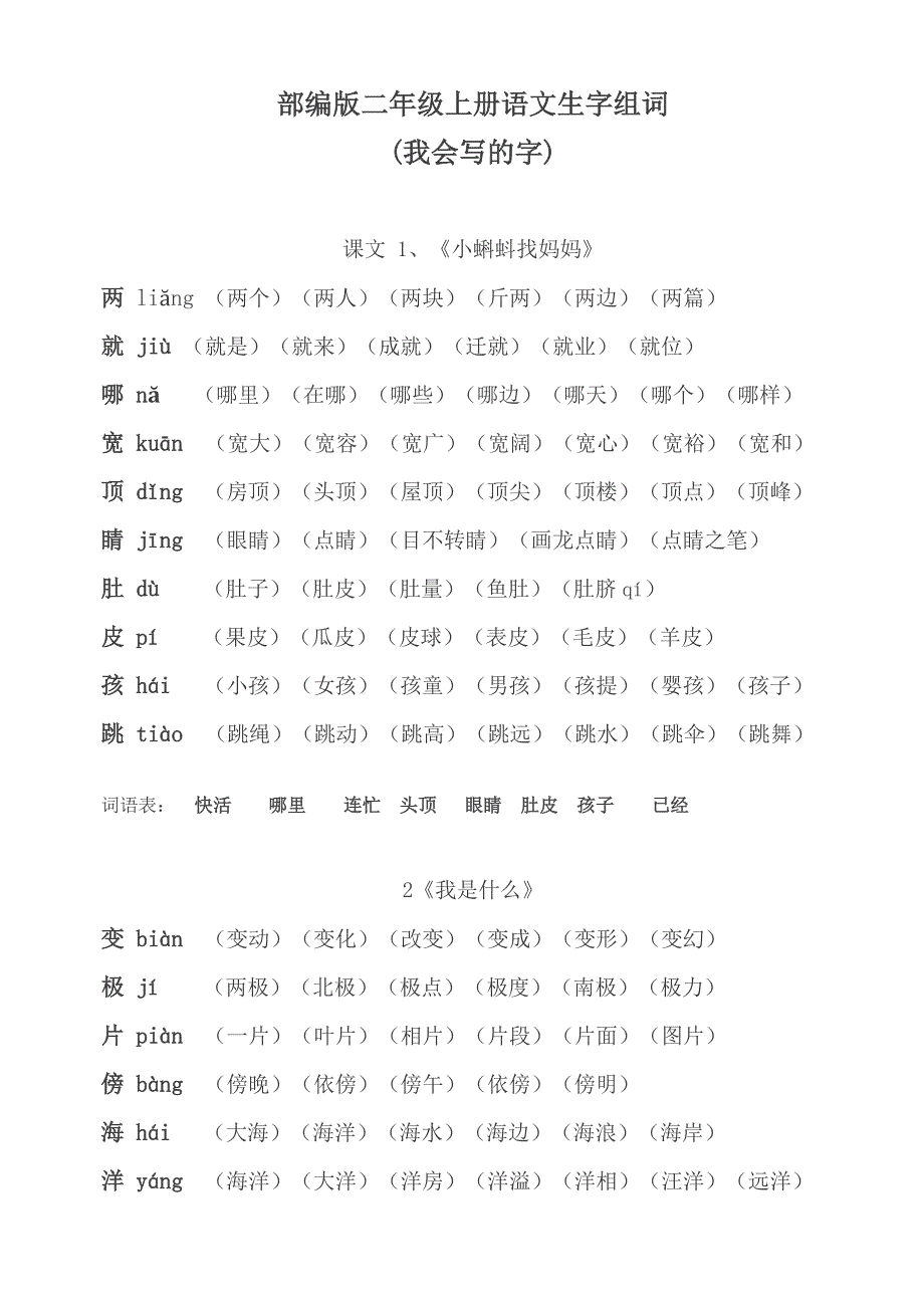 部编版二年级上册语文生字组词(我会写的字)_第1页