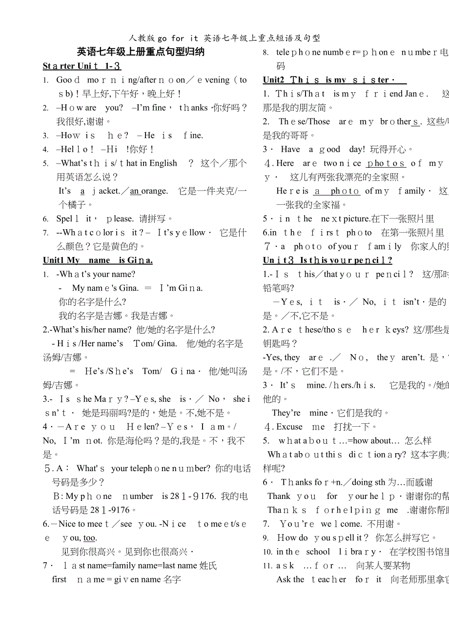 人教版goforit英语七年级上重点短语及句型_第1页
