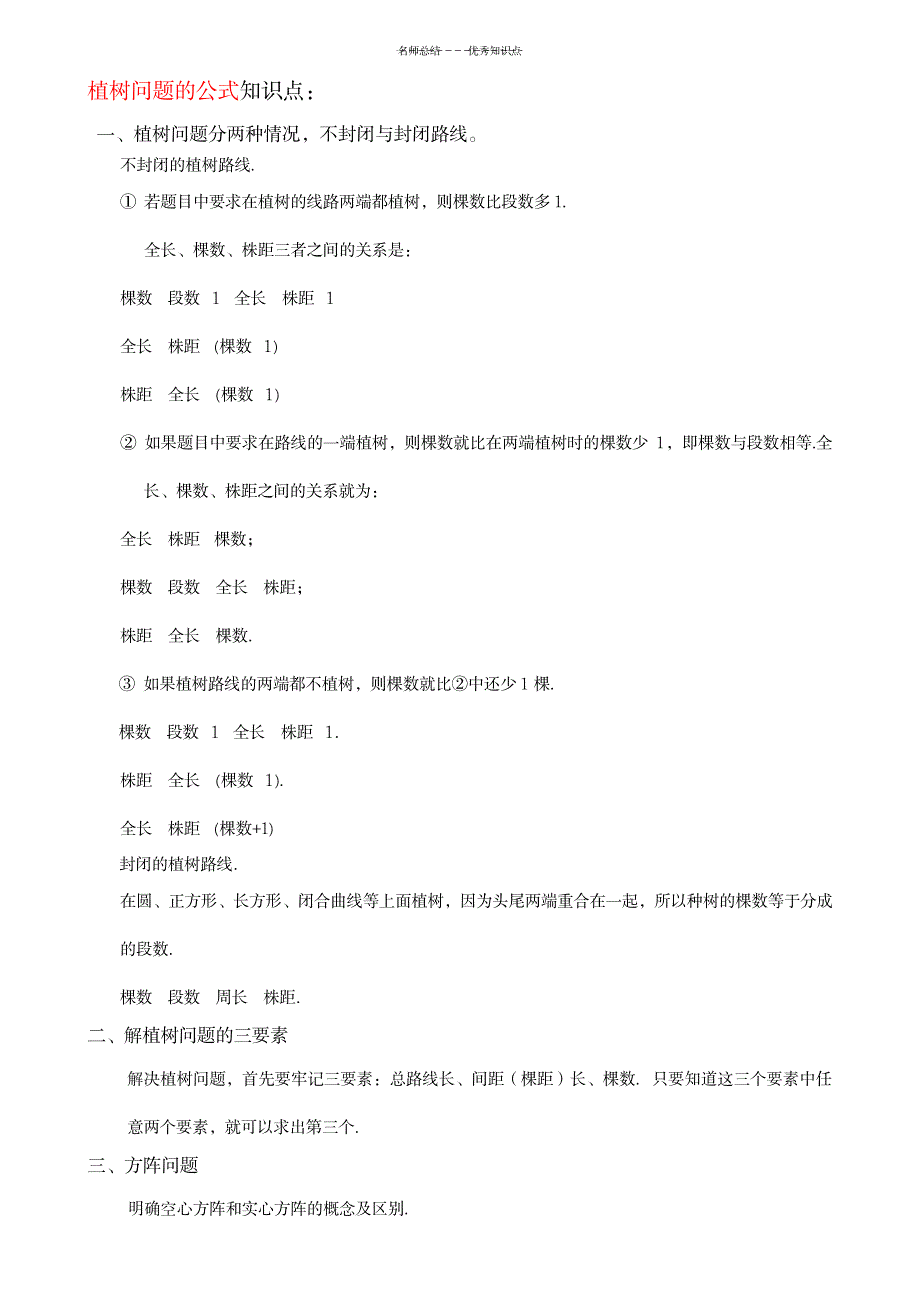 2023年植树问题的公式知识点总结归纳_第1页
