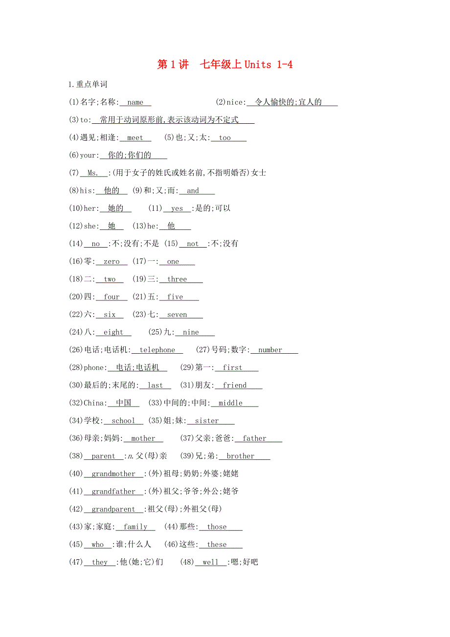2020届中考英语总复习知识点梳理第1讲七上Units14试题_第1页