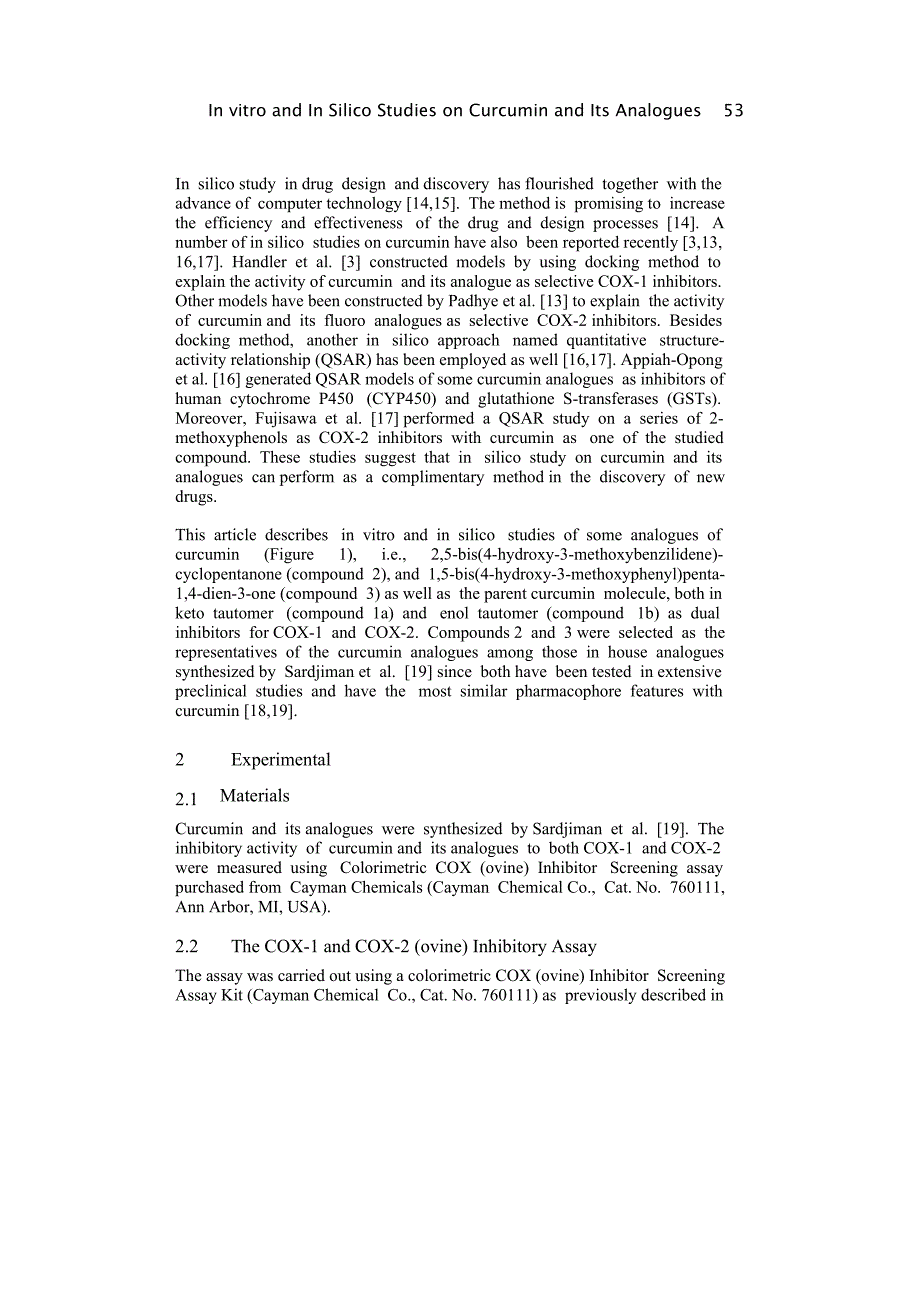 In vitro and In Silico Studies on Curcumin and Its Analogues as Dual Inhibitors for cyclooxygenase-1 (COX-1) and cyclooxygenase-2 (COX-2)_第3页