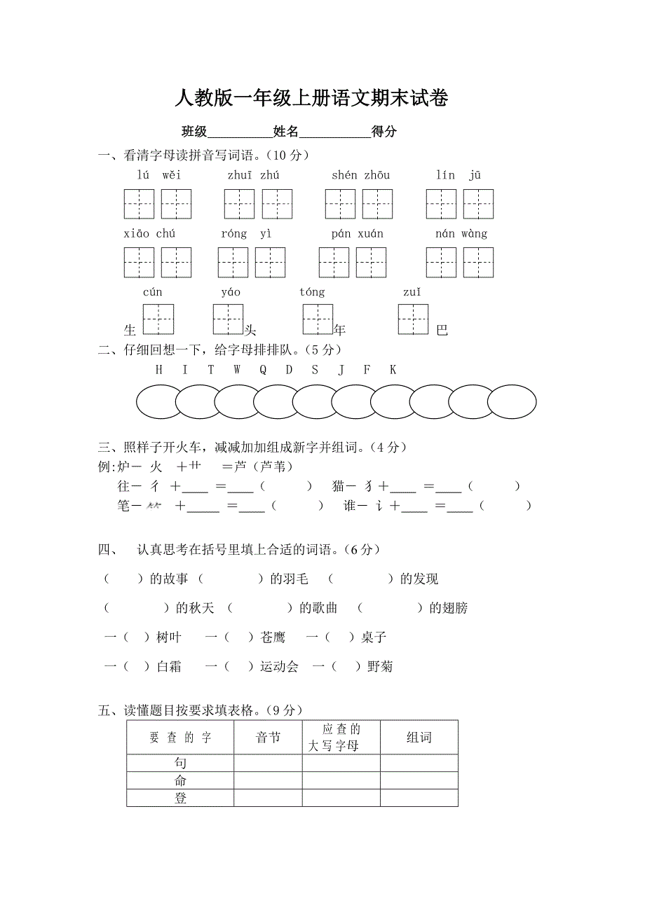 人教版2014一年级上册语文期末试卷.docx_第1页