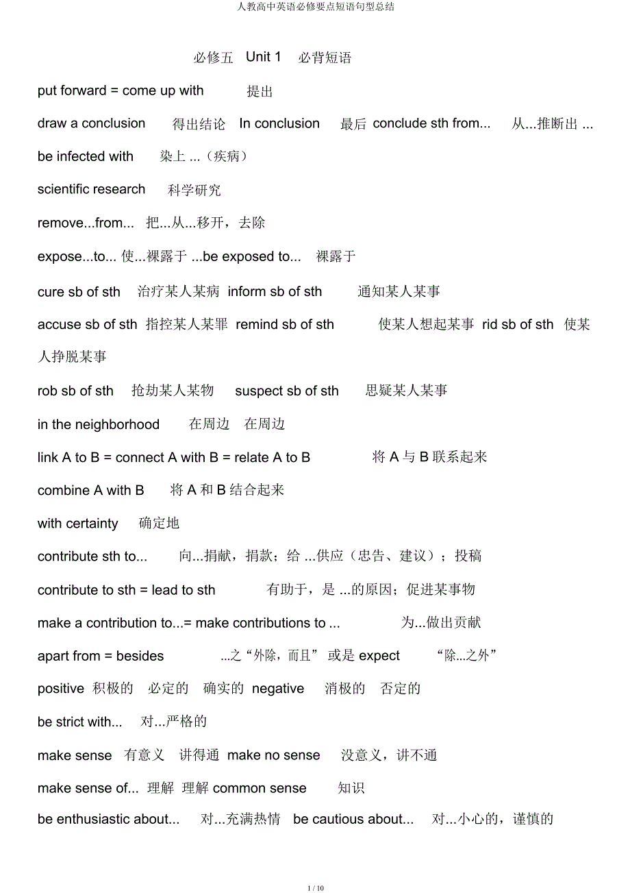 人教高中英语必修重点短语句型总结.docx_第1页