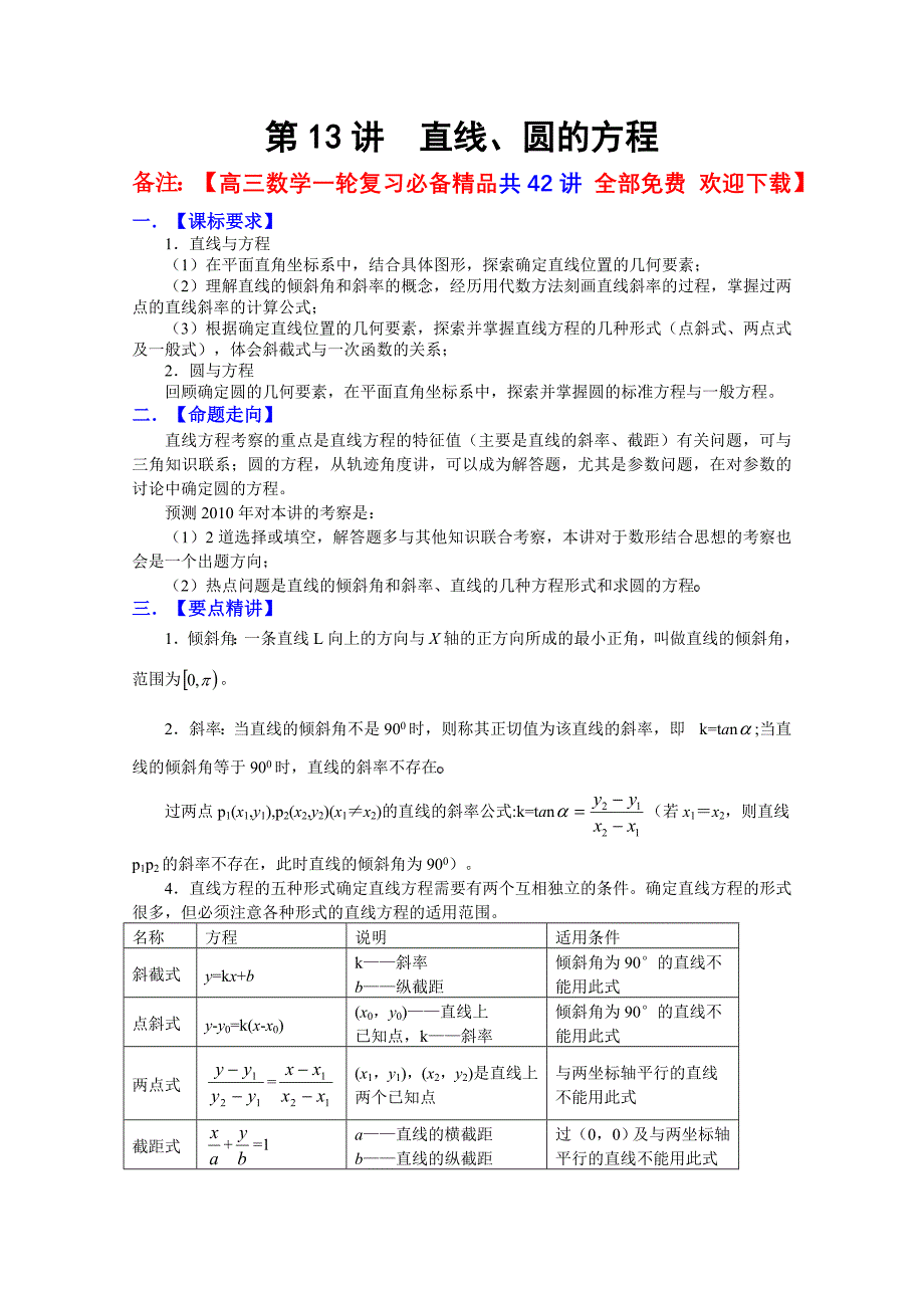 高三数学一轮复习必备精品13：直线与圆的方程.doc_第1页