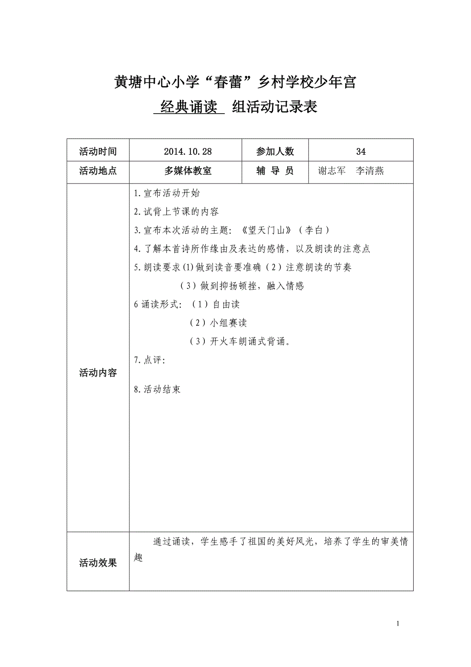 2013年秋少年宫经典诵读活动记录表.doc_第1页