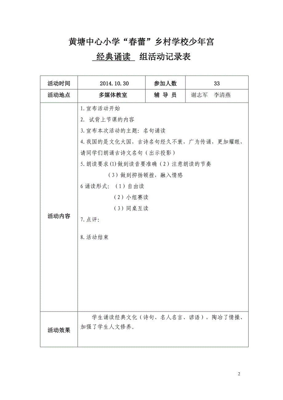 2013年秋少年宫经典诵读活动记录表.doc_第2页