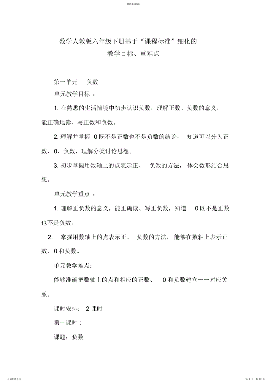 2022年人教版数学六年级下册教学目标重难点_第1页