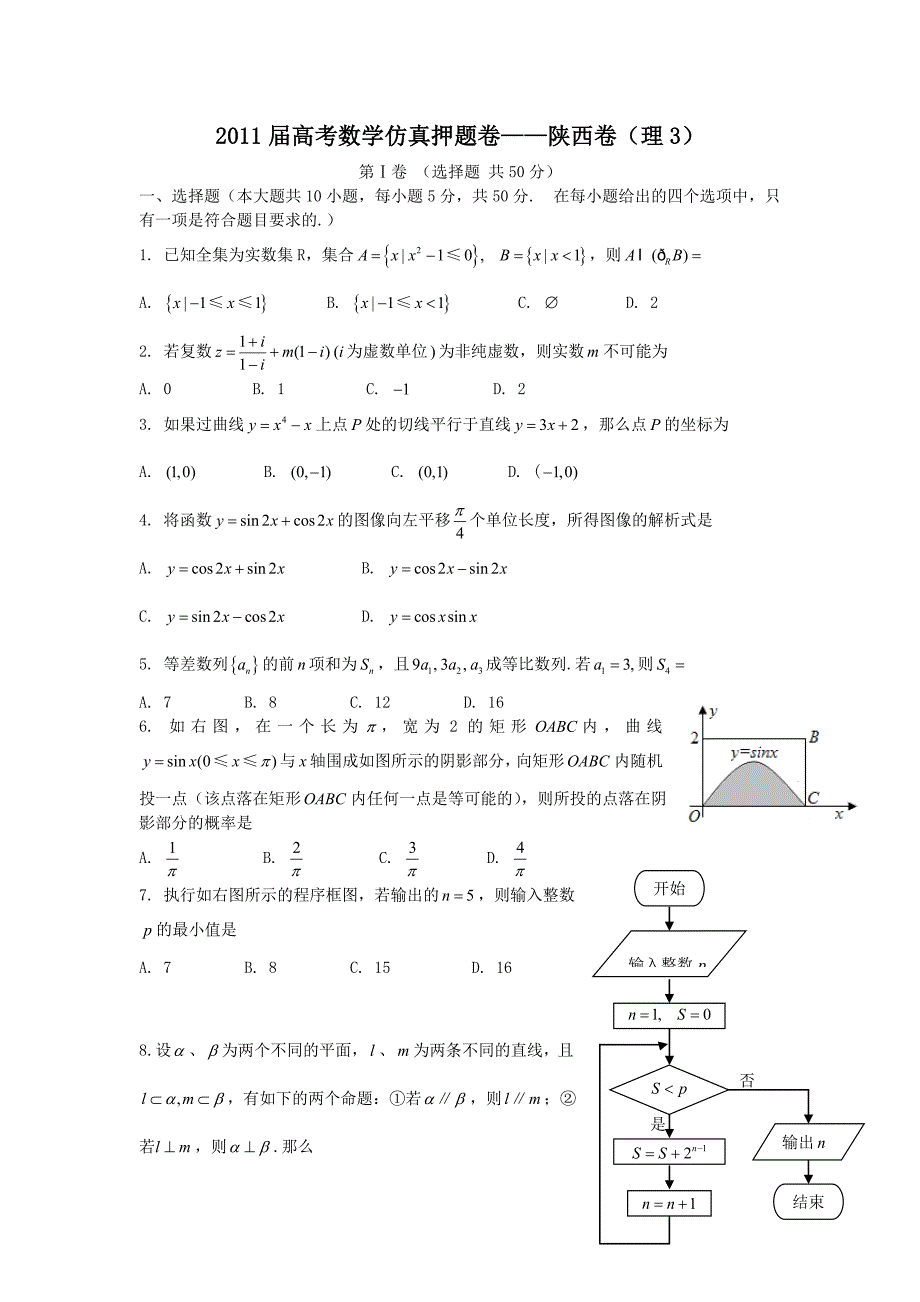 2011届高考数学仿真押题卷之陕西卷：理_第1页