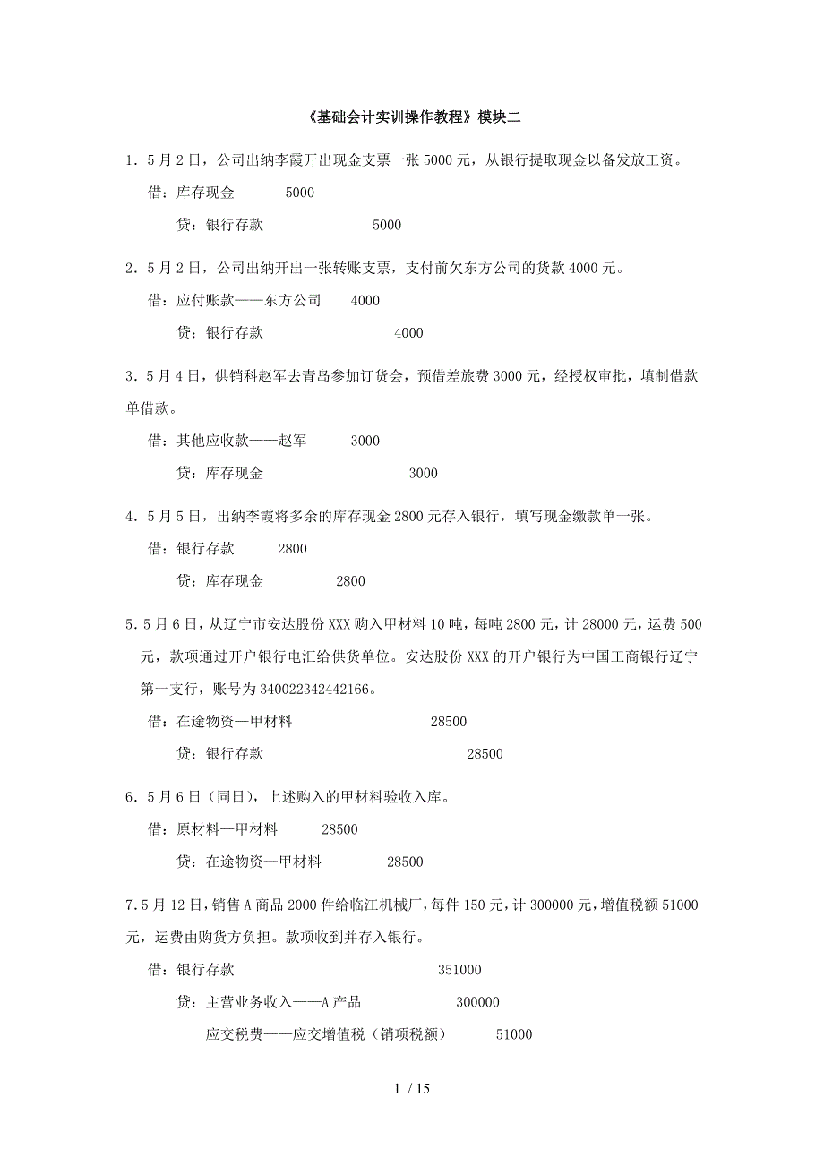 电大基础会计实训教程会计分录_第1页