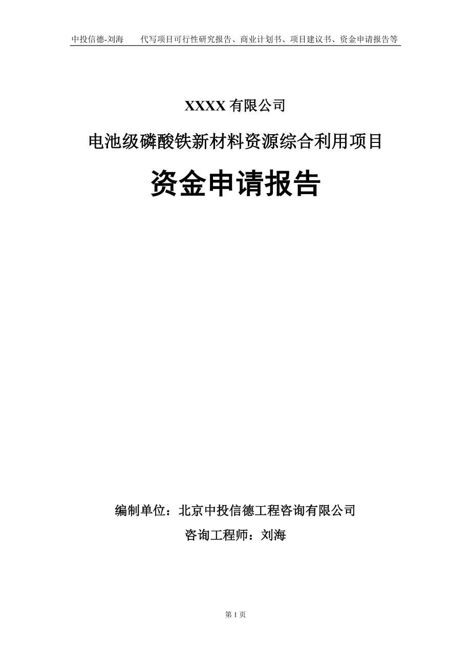 电池级磷酸铁新材料资源综合利用项目资金申请报告写作模板_第1页