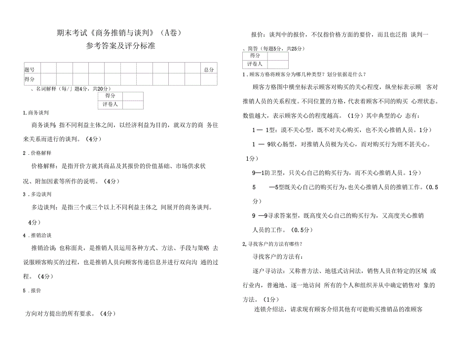 商务推销与谈判考试试题A卷答案_第1页