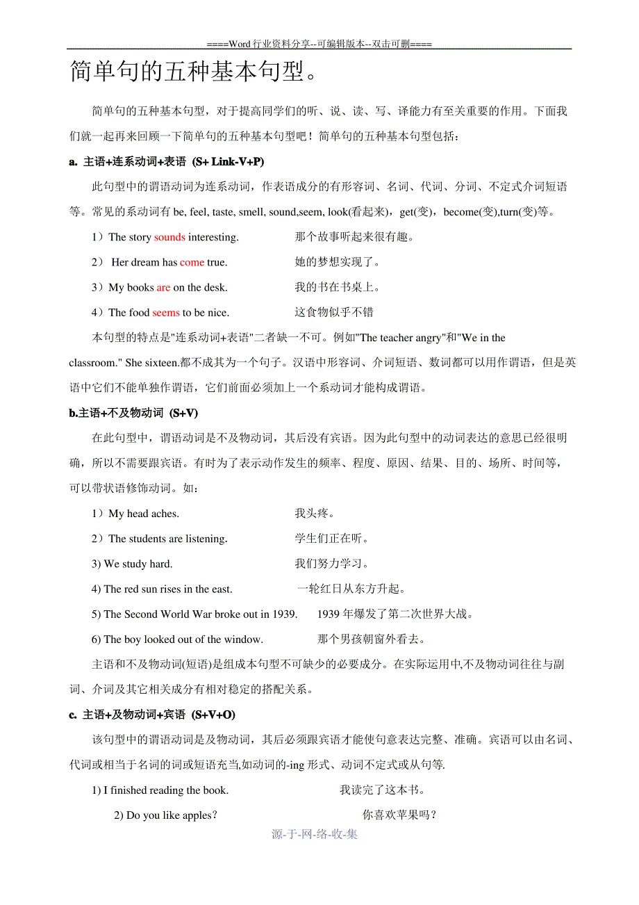初中英语简单句的五种基本句型_第1页