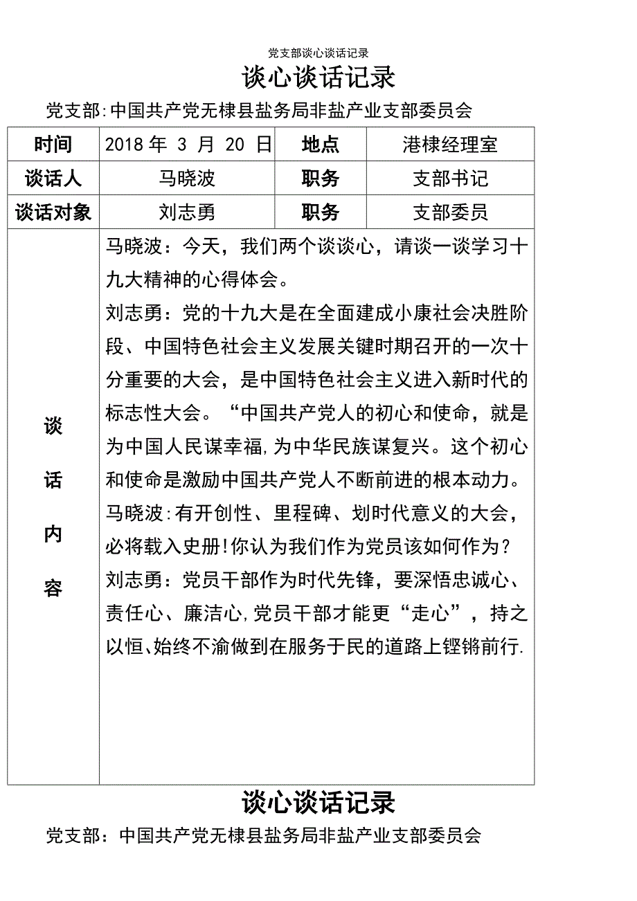 (2021年整理)党支部谈心谈话记录_第2页