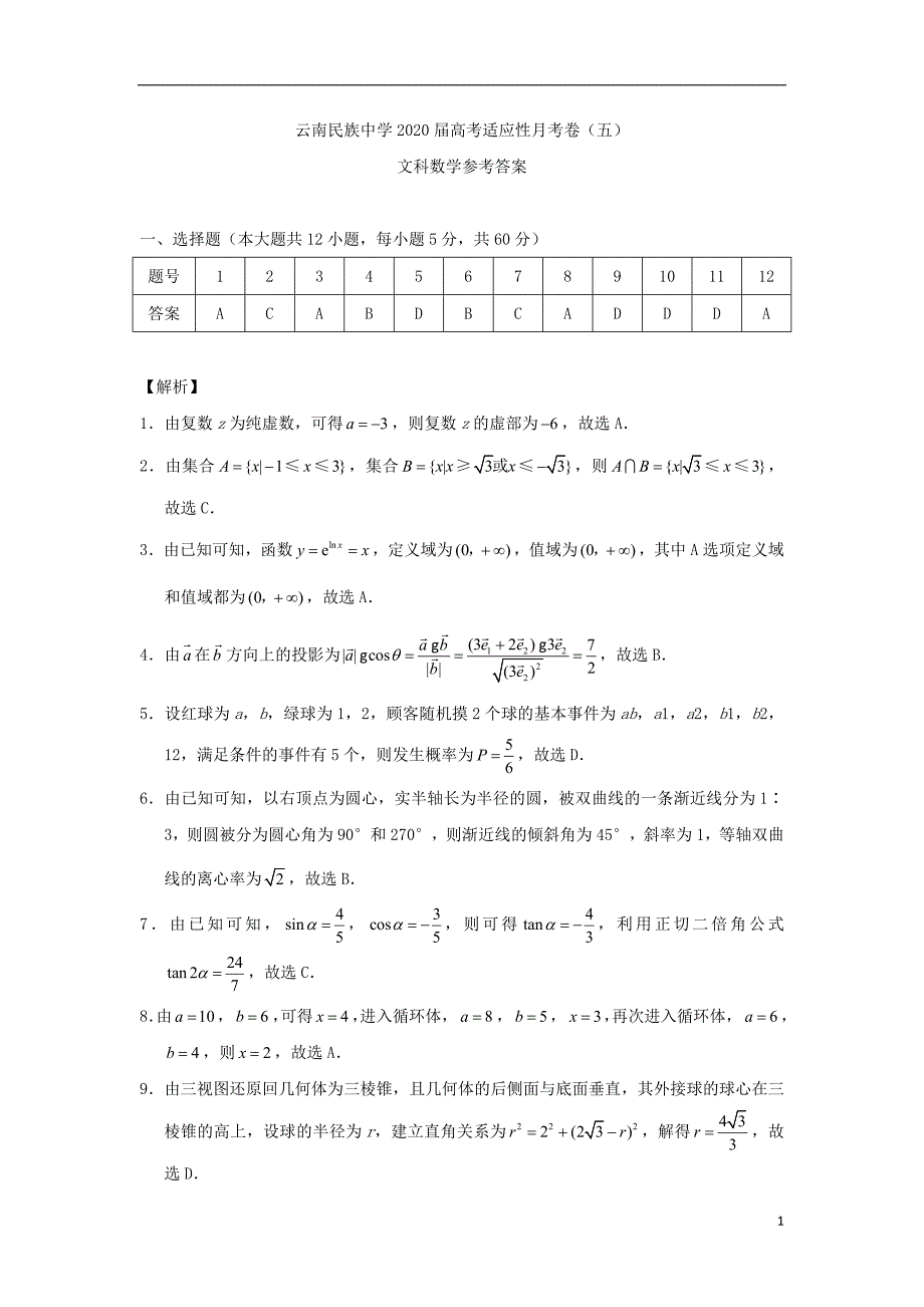 云南省云南民族中学2020届高三数学适应性月考卷（五）文-答案.doc_第1页