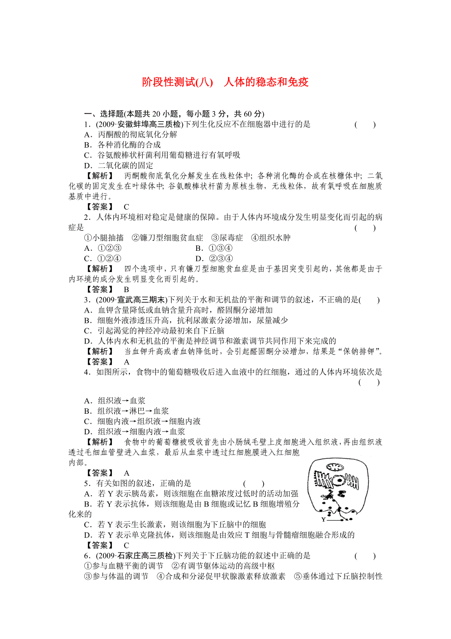 2011届高考生物第一轮复习满分练兵场 阶段性测试（八）人体的稳态和免疫_第1页