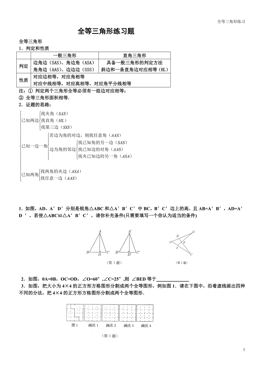 经典全等三角形复习题_第1页