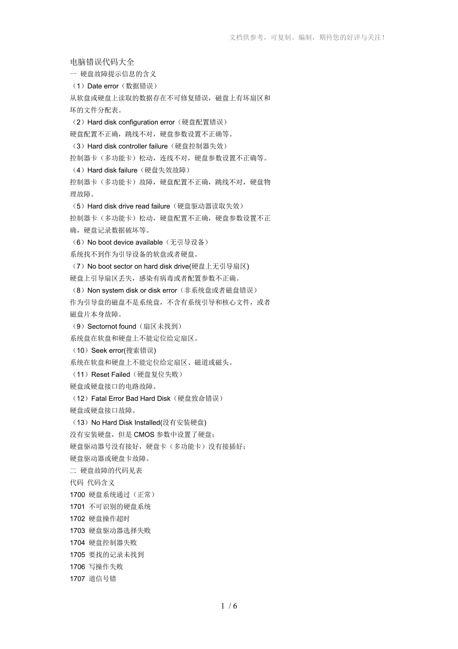 电脑错误代码大全_第1页