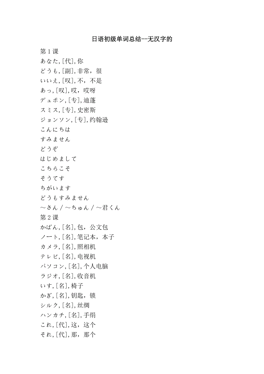 日语初级单词总结--无汉字的_第1页