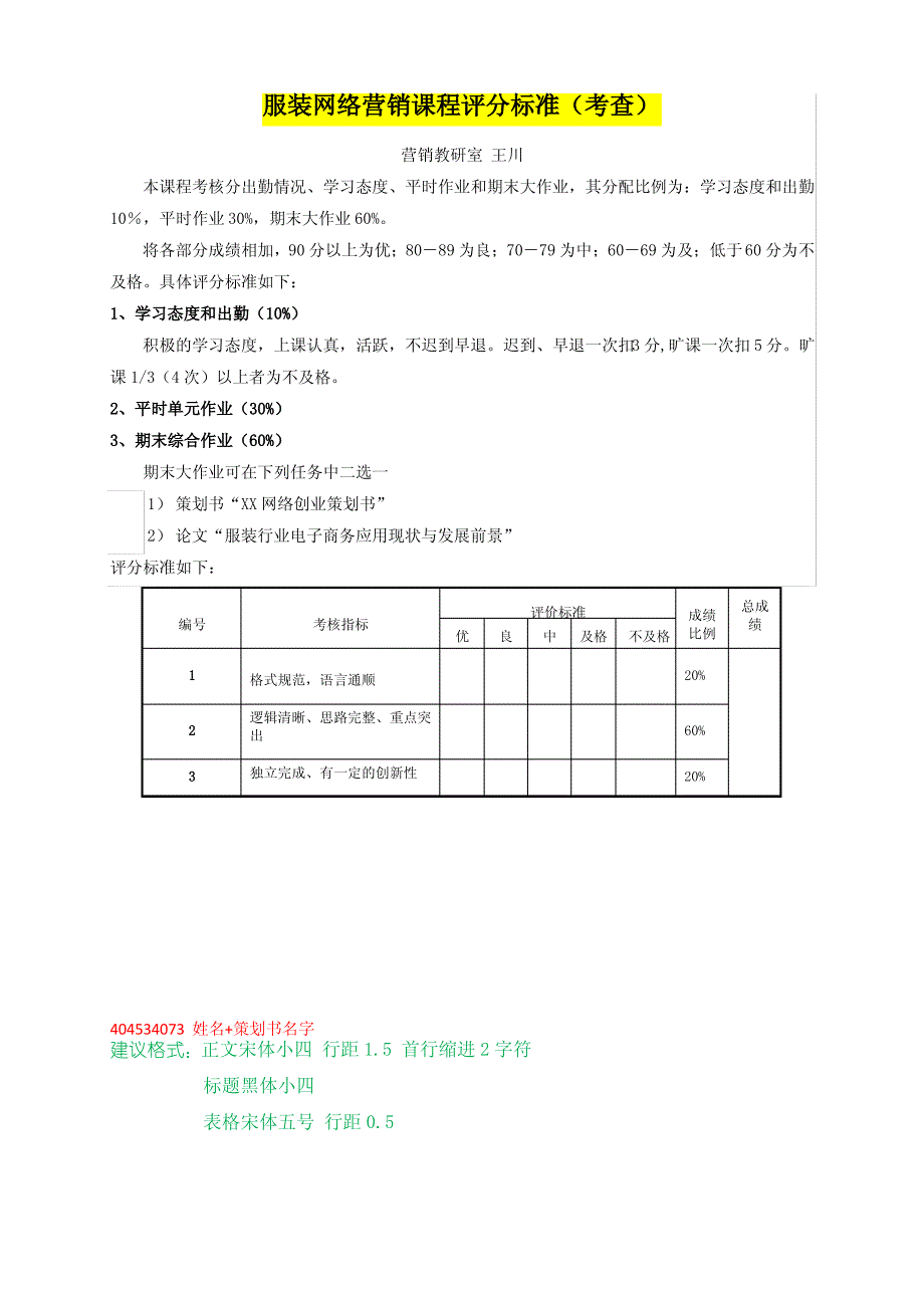 鞋类网络营销大作业及评分标准_第1页