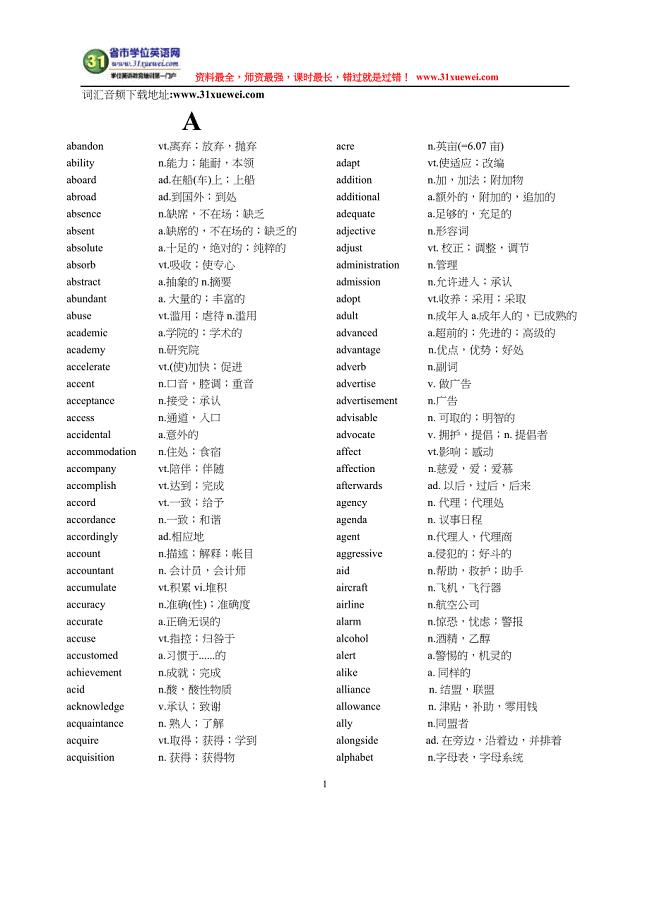 江苏学位英语词汇表(无差错打印版)(DOC 31页)