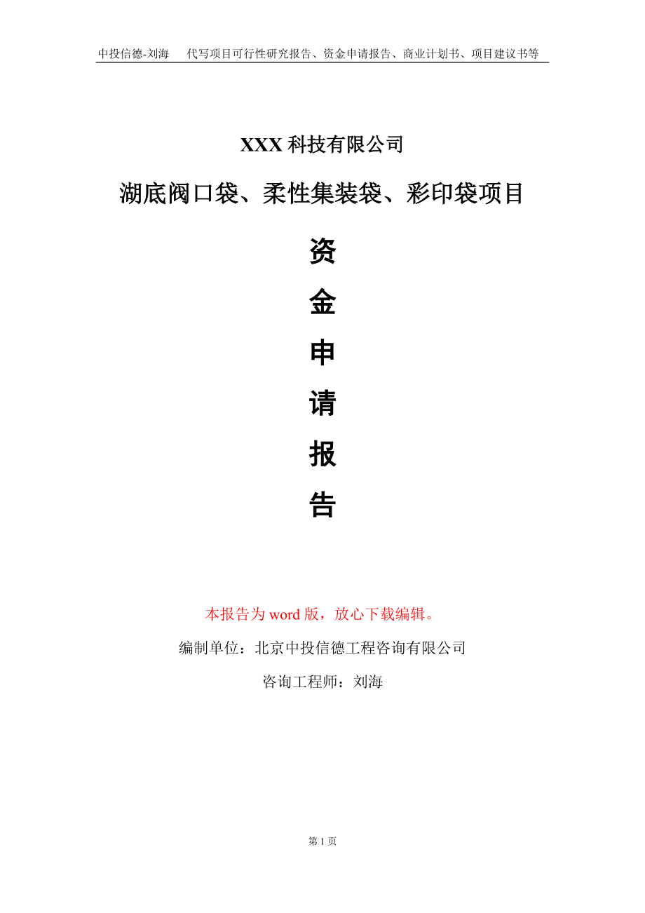 湖底阀口袋、柔性集装袋、彩印袋项目资金申请报告写作模板_第1页