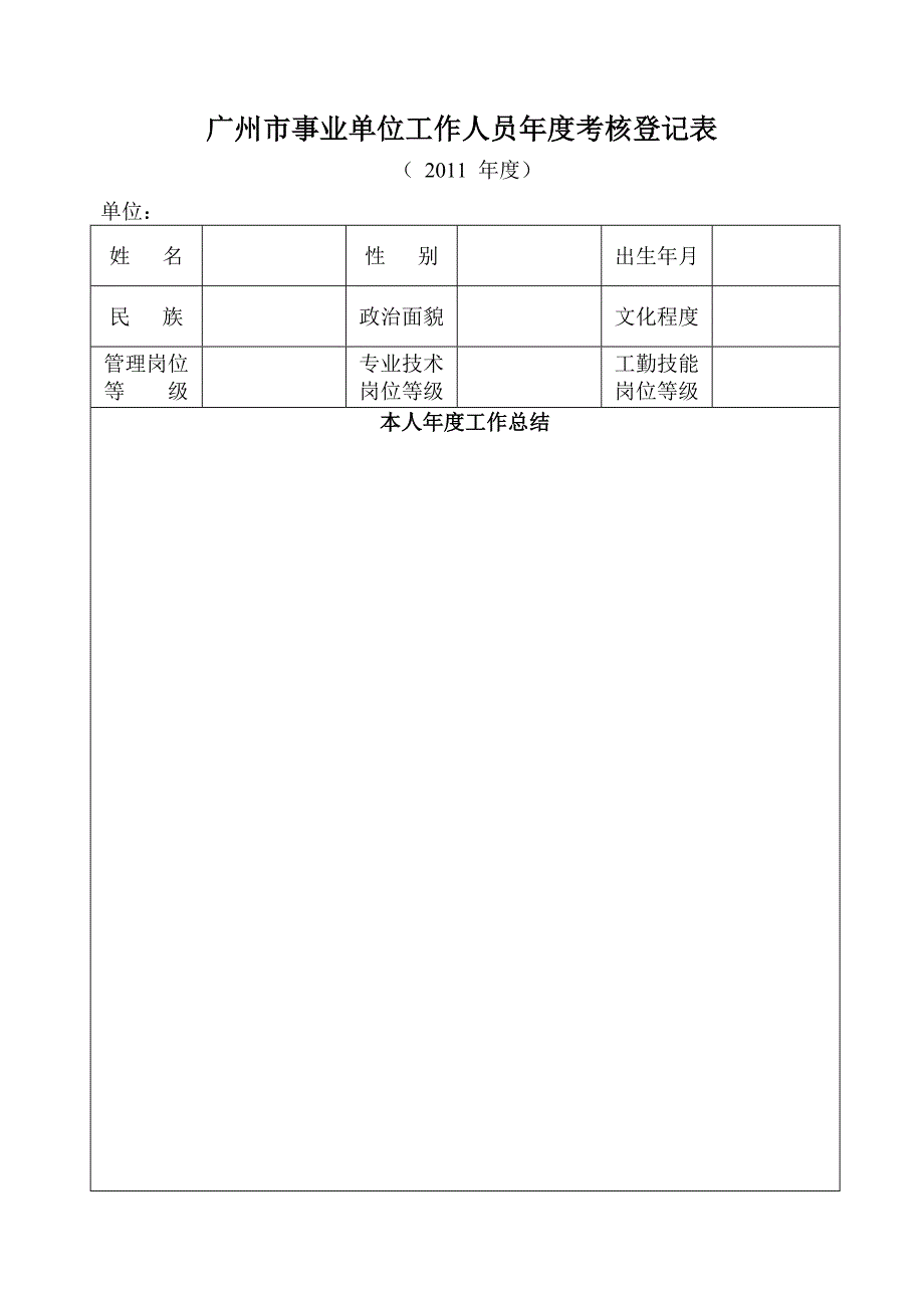 2011年事业单位工作人员年度考核登记表(个人表,16开纸_第1页